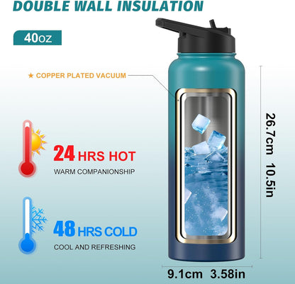 40oz Insulated Water Bottle (Cold for 48 Hrs),BPA Free&Leak Proof,Stainless Steel Water Flask,Water Jug with Straw Spout Lids for Gym,Hiking,Travel,Black Blue