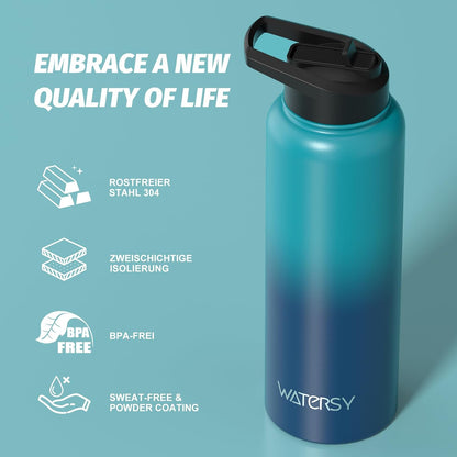 40oz Insulated Water Bottle (Cold for 48 Hrs),BPA Free&Leak Proof,Stainless Steel Water Flask,Water Jug with Straw Spout Lids for Gym,Hiking,Travel,Black Blue