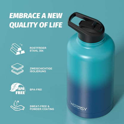 40oz Insulated Water Bottle (Cold for 48 Hrs),BPA Free&Leak Proof,Stainless Steel Water Flask,Water Jug with Straw Spout Lids for Gym,Hiking,Travel,Black Blue