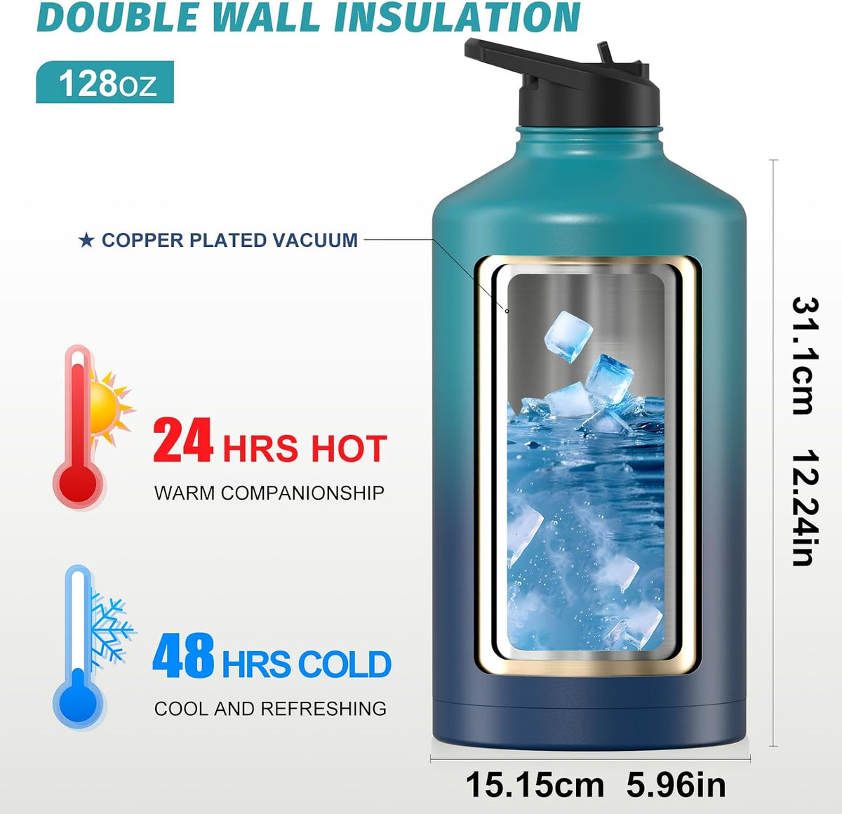 40oz Insulated Water Bottle (Cold for 48 Hrs),BPA Free&Leak Proof,Stainless Steel Water Flask,Water Jug with Straw Spout Lids for Gym,Hiking,Travel,Black Blue