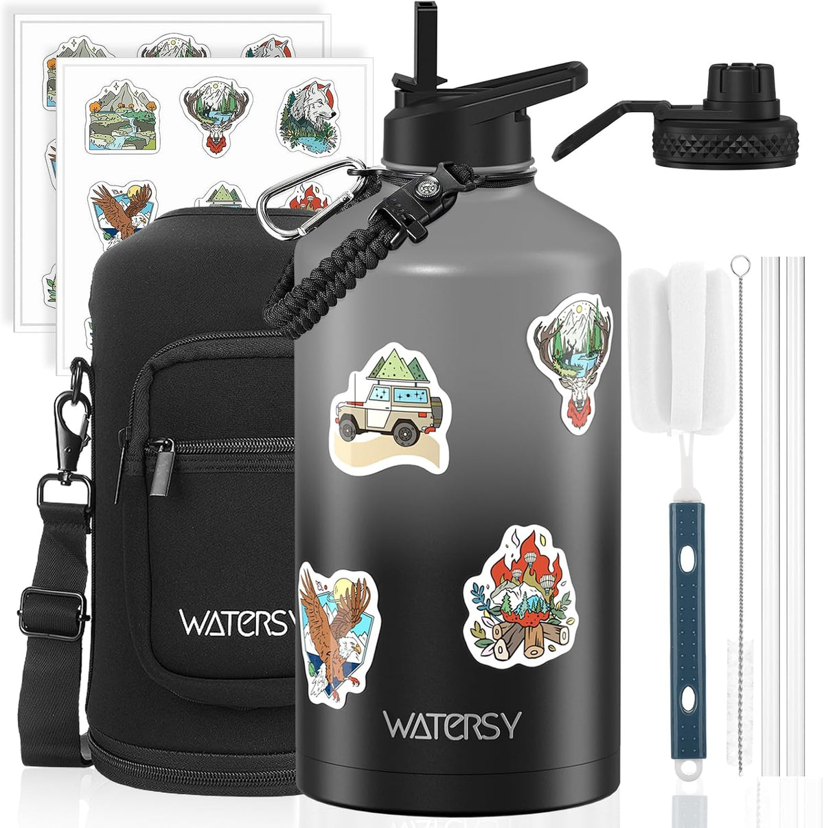 40oz Insulated Water Bottle (Cold for 48 Hrs),BPA Free&Leak Proof,Stainless Steel Water Flask,Water Jug with Straw Spout Lids for Gym,Hiking,Travel,Black Blue