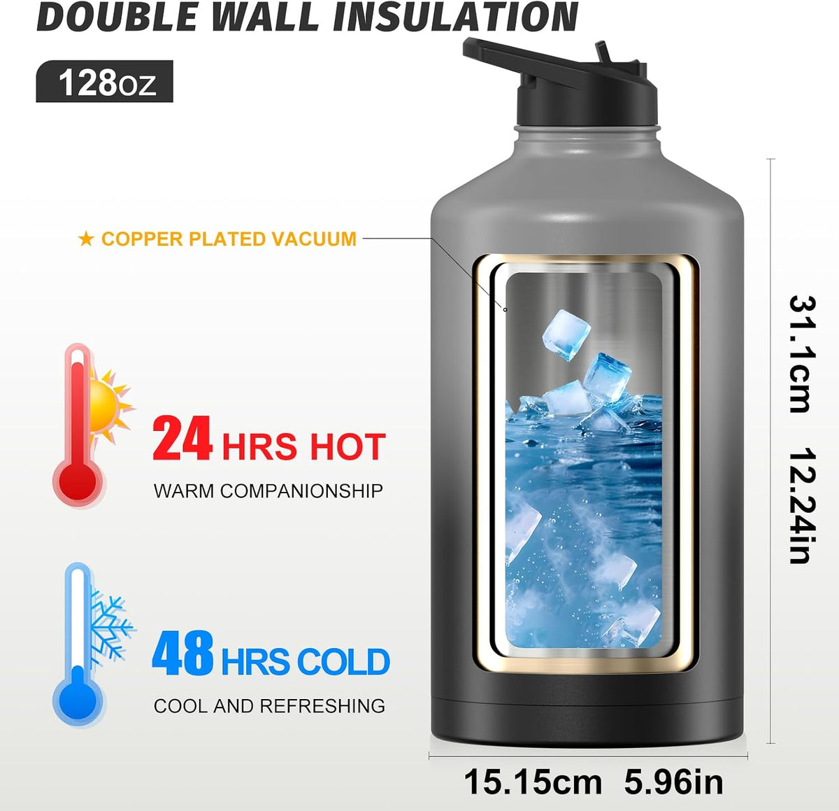 40oz Insulated Water Bottle (Cold for 48 Hrs),BPA Free&Leak Proof,Stainless Steel Water Flask,Water Jug with Straw Spout Lids for Gym,Hiking,Travel,Black Blue