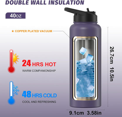 40oz Insulated Water Bottle (Cold for 48 Hrs),BPA Free&Leak Proof,Stainless Steel Water Flask,Water Jug with Straw Spout Lids for Gym,Hiking,Travel,Black Blue