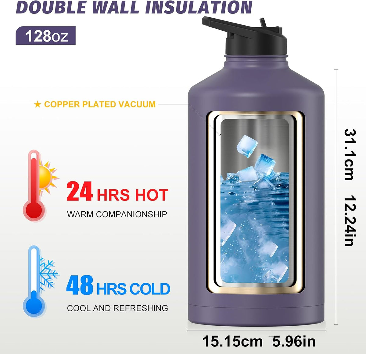 40oz Insulated Water Bottle (Cold for 48 Hrs),BPA Free&Leak Proof,Stainless Steel Water Flask,Water Jug with Straw Spout Lids for Gym,Hiking,Travel,Black Blue
