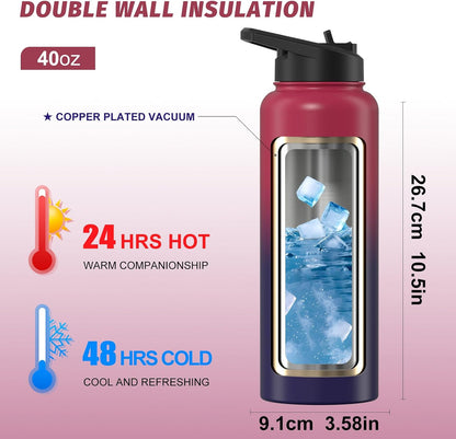 40oz Insulated Water Bottle (Cold for 48 Hrs),BPA Free&Leak Proof,Stainless Steel Water Flask,Water Jug with Straw Spout Lids for Gym,Hiking,Travel,Black Blue