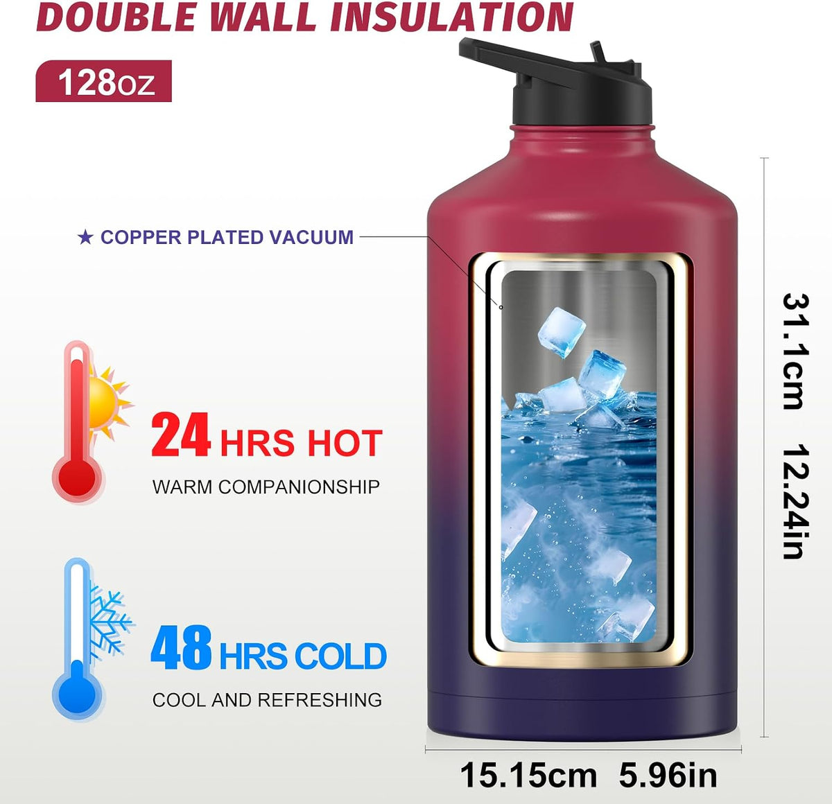 40oz Insulated Water Bottle (Cold for 48 Hrs),BPA Free&Leak Proof,Stainless Steel Water Flask,Water Jug with Straw Spout Lids for Gym,Hiking,Travel,Black Blue