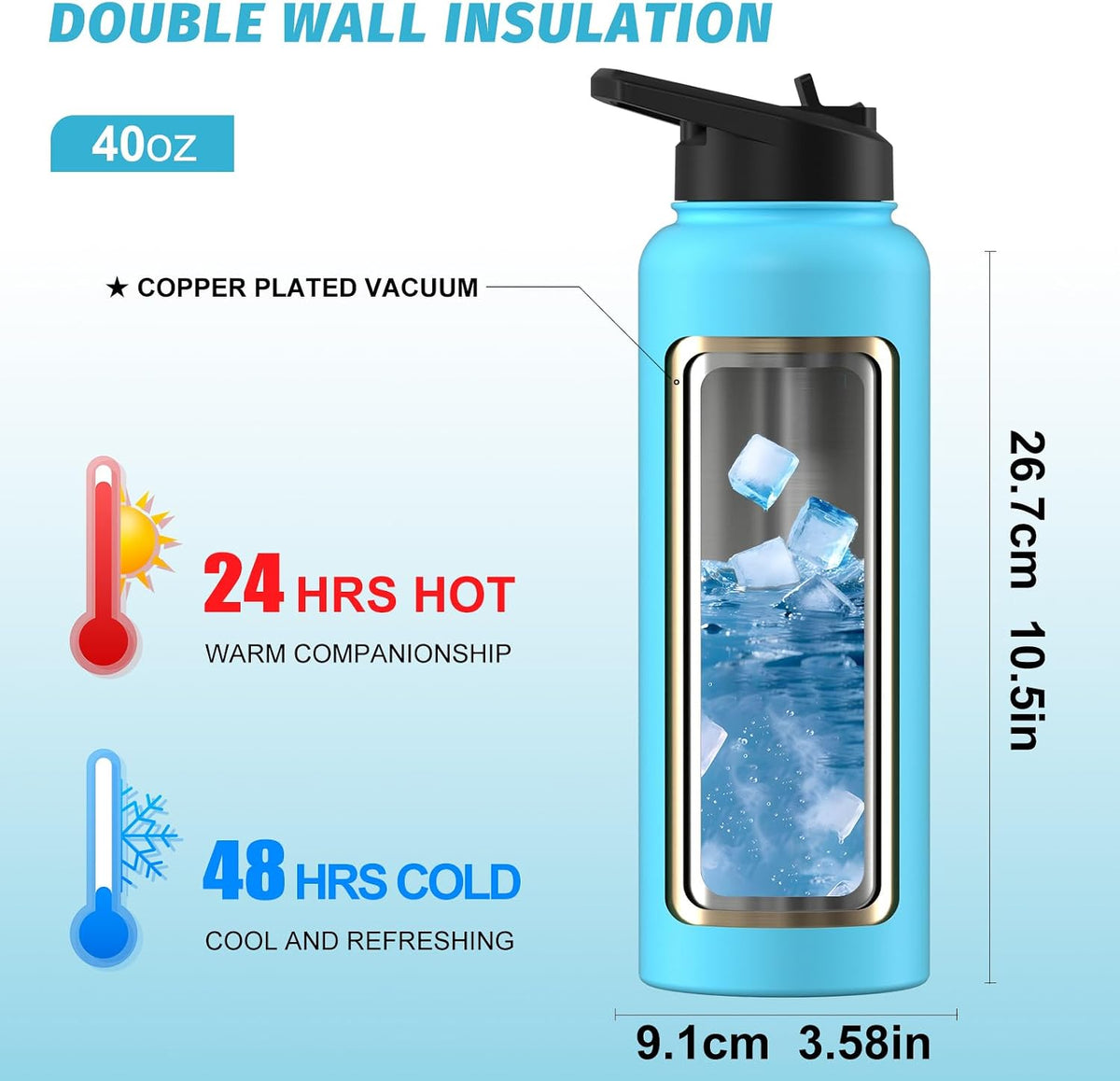40oz Insulated Water Bottle (Cold for 48 Hrs),BPA Free&Leak Proof,Stainless Steel Water Flask,Water Jug with Straw Spout Lids for Gym,Hiking,Travel,Black Blue