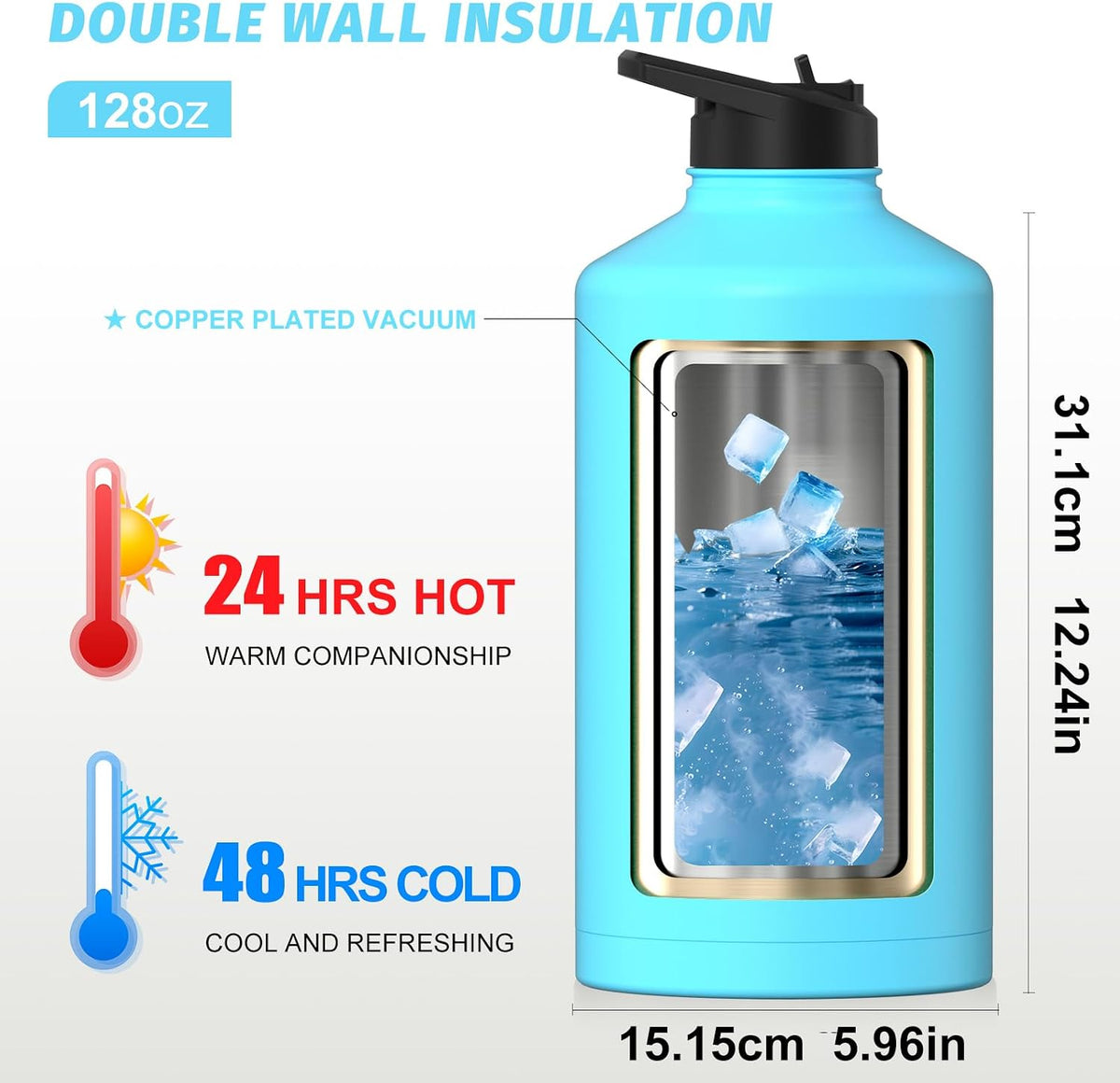 40oz Insulated Water Bottle (Cold for 48 Hrs),BPA Free&Leak Proof,Stainless Steel Water Flask,Water Jug with Straw Spout Lids for Gym,Hiking,Travel,Black Blue