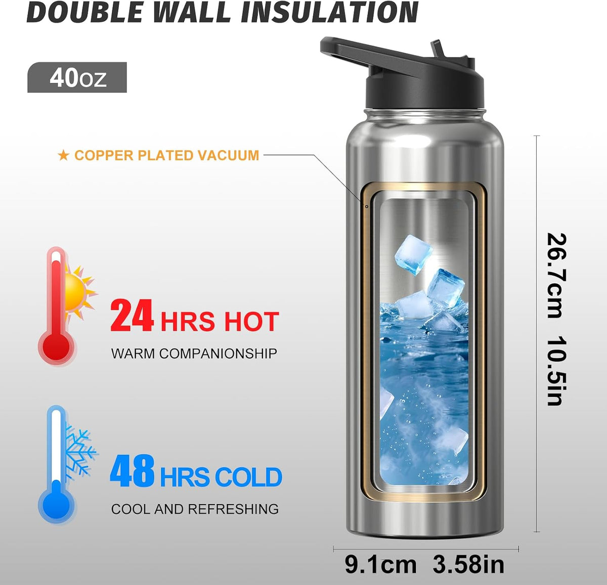 40oz Insulated Water Bottle (Cold for 48 Hrs),BPA Free&Leak Proof,Stainless Steel Water Flask,Water Jug with Straw Spout Lids for Gym,Hiking,Travel,Black Blue