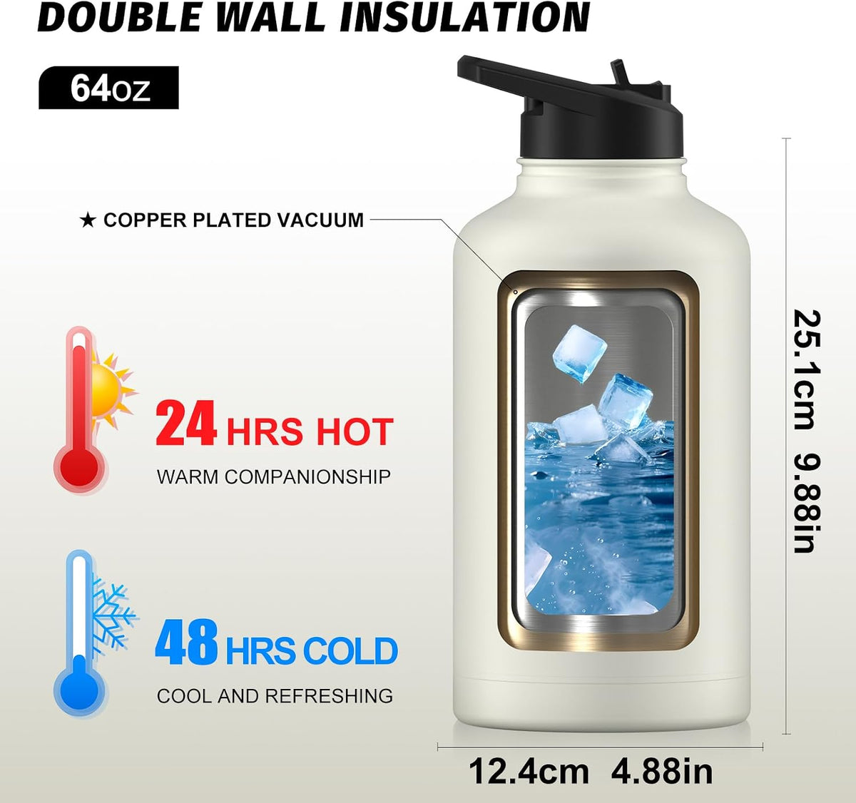 40oz Insulated Water Bottle (Cold for 48 Hrs),BPA Free&Leak Proof,Stainless Steel Water Flask,Water Jug with Straw Spout Lids for Gym,Hiking,Travel,Black Blue