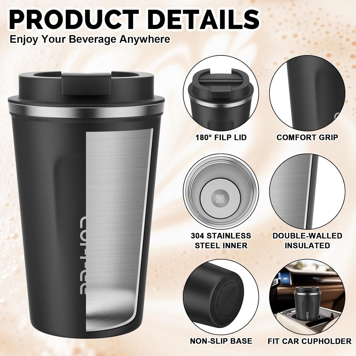 CS COSDDI 12 oz Coffee mug - Stainless Steel Coffee Cup with Leakproof Lid | Stainless Steel Double-wall insulation, 6-Hour Heat Retention, 360°Leak proof, BPA-free, Reusable And To Go Coffee Mug