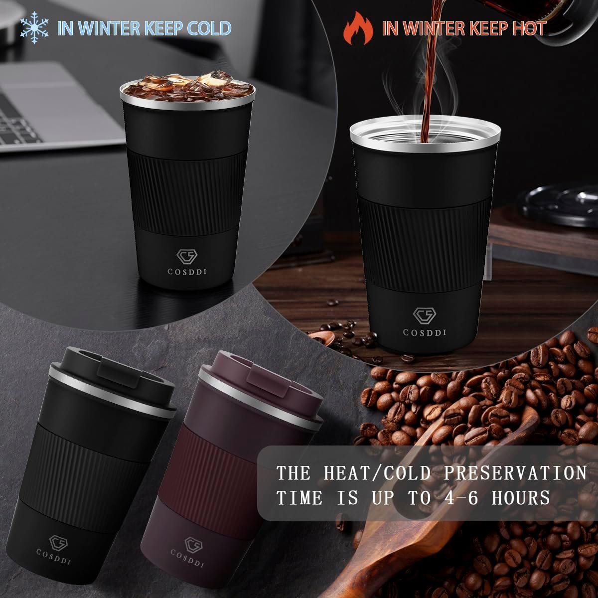 CS COSDDI 12 oz Coffee mug - Stainless Steel Coffee Cup with Leakproof Lid | Stainless Steel Double-wall insulation, 6-Hour Heat Retention, 360°Leak proof, BPA-free, Reusable And To Go Coffee Mug
