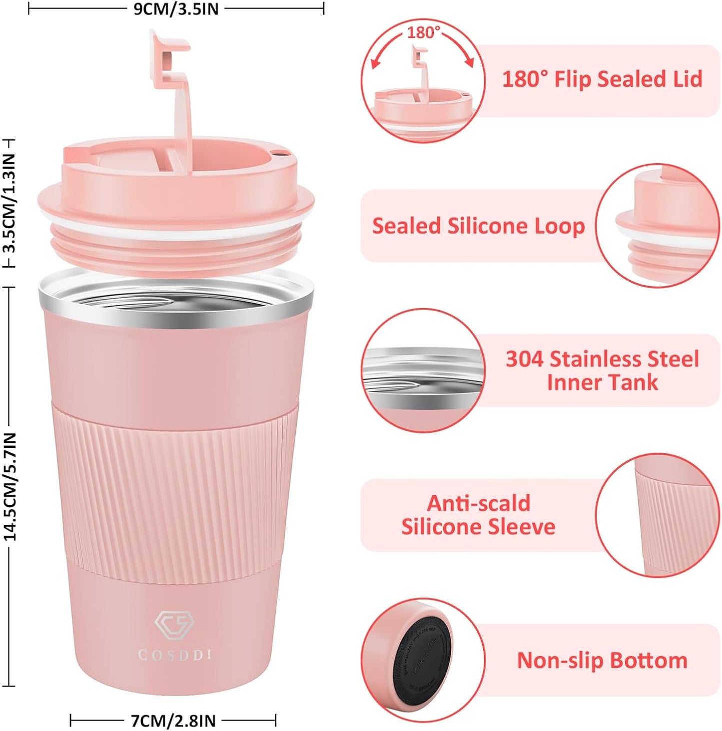CS COSDDI 12 oz Coffee mug - Stainless Steel Coffee Cup with Leakproof Lid | Stainless Steel Double-wall insulation, 6-Hour Heat Retention, 360°Leak proof, BPA-free, Reusable And To Go Coffee Mug