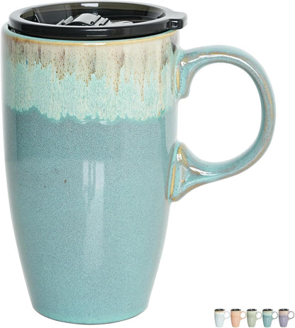 Ceramic Travel Coffee Mug with Handle and Lid, 18 oz, Portable Coffee Cup for Car Cup Holder, Microwave and Dishwasher Safe, Reactive Glaze (Peacock Blue)