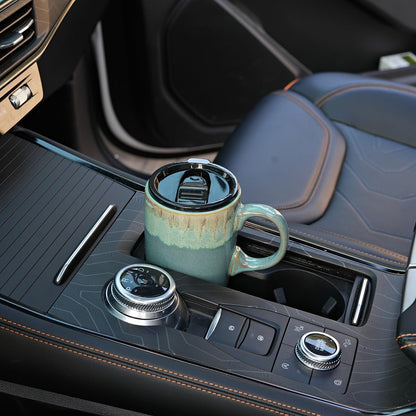 Ceramic Travel Coffee Mug with Handle and Lid, 18 oz, Portable Coffee Cup for Car Cup Holder, Microwave and Dishwasher Safe, Reactive Glaze (Peacock Blue)