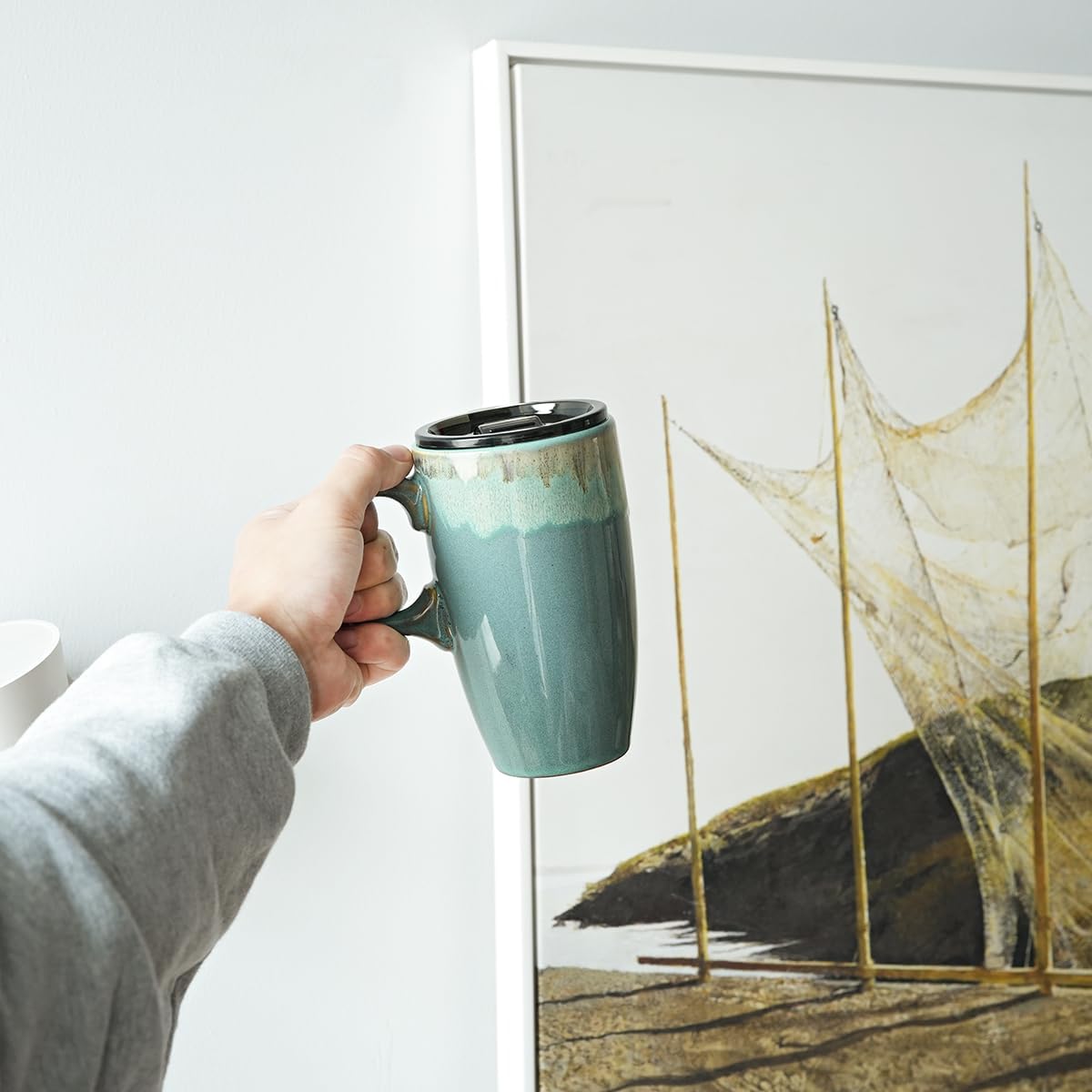 Ceramic Travel Coffee Mug with Handle and Lid, 18 oz, Portable Coffee Cup for Car Cup Holder, Microwave and Dishwasher Safe, Reactive Glaze (Peacock Blue)
