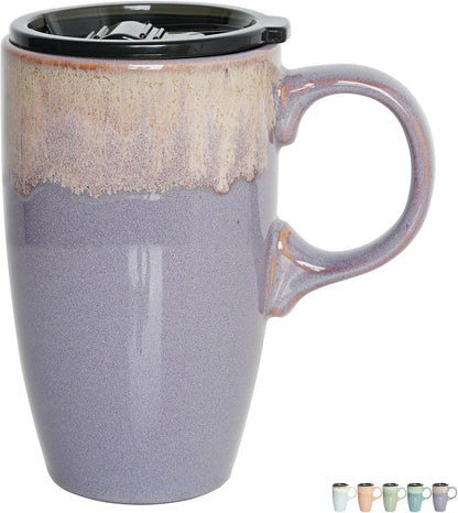 Ceramic Travel Coffee Mug with Handle and Lid, 18 oz, Portable Coffee Cup for Car Cup Holder, Microwave and Dishwasher Safe, Reactive Glaze (Peacock Blue)