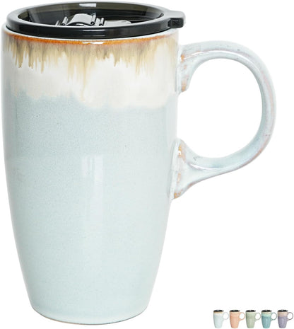 Ceramic Travel Coffee Mug with Handle and Lid, 18 oz, Portable Coffee Cup for Car Cup Holder, Microwave and Dishwasher Safe, Reactive Glaze (Peacock Blue)
