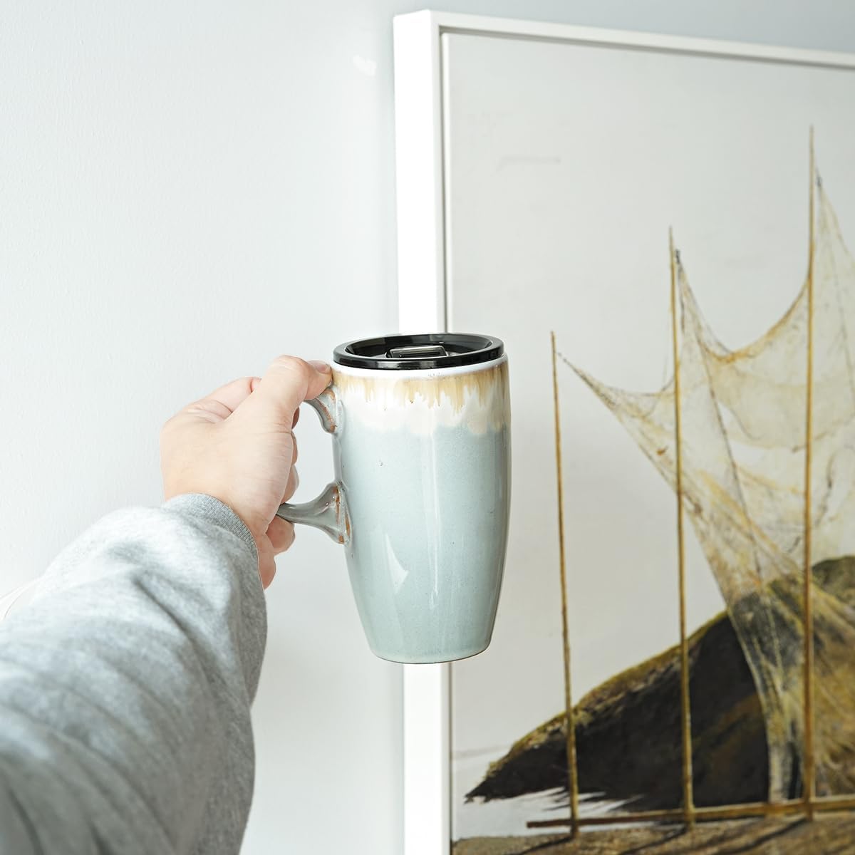 Ceramic Travel Coffee Mug with Handle and Lid, 18 oz, Portable Coffee Cup for Car Cup Holder, Microwave and Dishwasher Safe, Reactive Glaze (Peacock Blue)