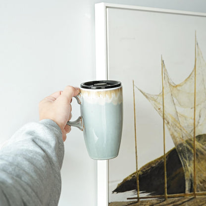 Ceramic Travel Coffee Mug with Handle and Lid, 18 oz, Portable Coffee Cup for Car Cup Holder, Microwave and Dishwasher Safe, Reactive Glaze (Peacock Blue)