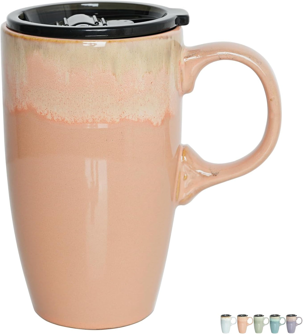 Ceramic Travel Coffee Mug with Handle and Lid, 18 oz, Portable Coffee Cup for Car Cup Holder, Microwave and Dishwasher Safe, Reactive Glaze (Peacock Blue)