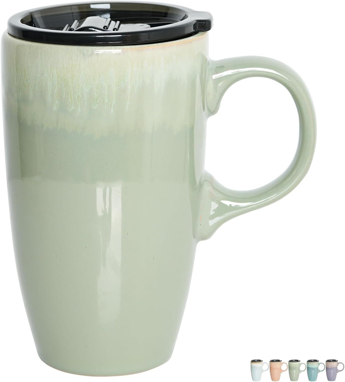 Ceramic Travel Coffee Mug with Handle and Lid, 18 oz, Portable Coffee Cup for Car Cup Holder, Microwave and Dishwasher Safe, Reactive Glaze (Peacock Blue)