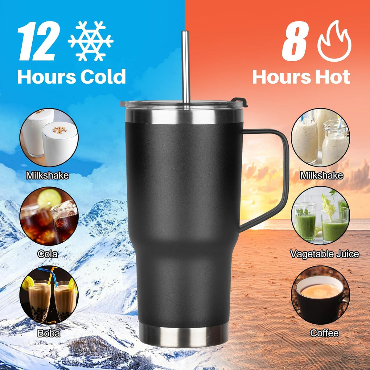 20 oz Tumbler with Handle, Stainless Steel Insulated Tumbler with Lid and Straw, Double Wall Vacuum Coffee Mug Tumbler, Insulated Coffee Thermal Cup for Cold and Hot (Black)