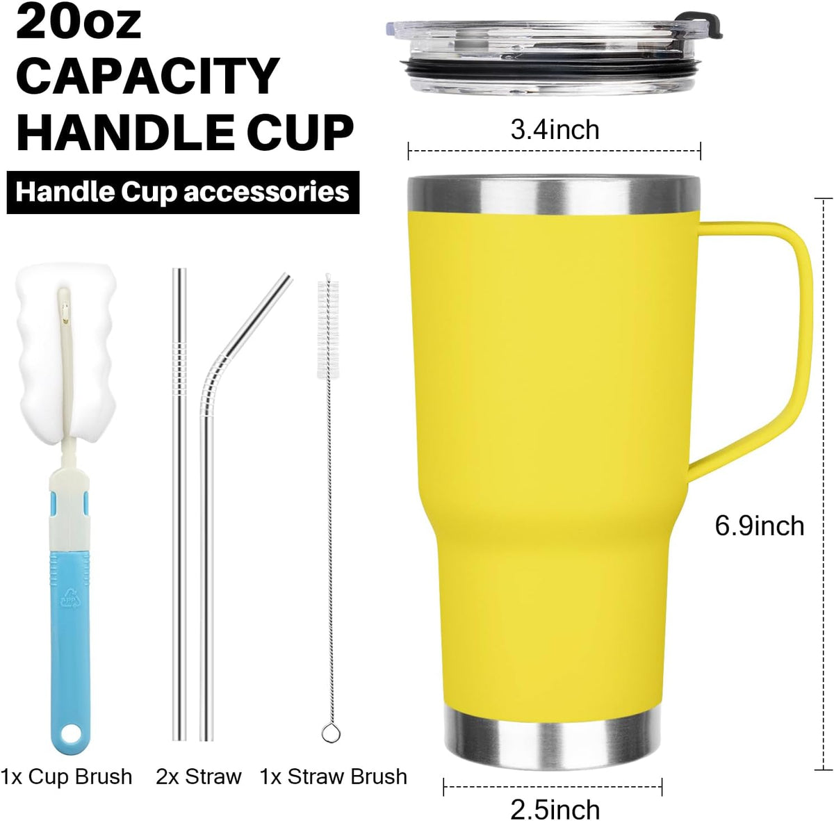 20 oz Tumbler with Handle, Stainless Steel Insulated Tumbler with Lid and Straw, Double Wall Vacuum Coffee Mug Tumbler, Insulated Coffee Thermal Cup for Cold and Hot (Black)