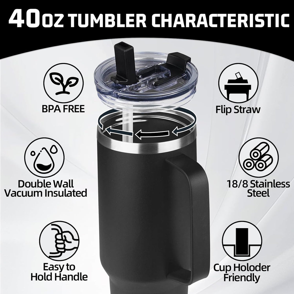 20 oz Tumbler with Handle, Stainless Steel Insulated Tumbler with Lid and Straw, Double Wall Vacuum Coffee Mug Tumbler, Insulated Coffee Thermal Cup for Cold and Hot (Black)