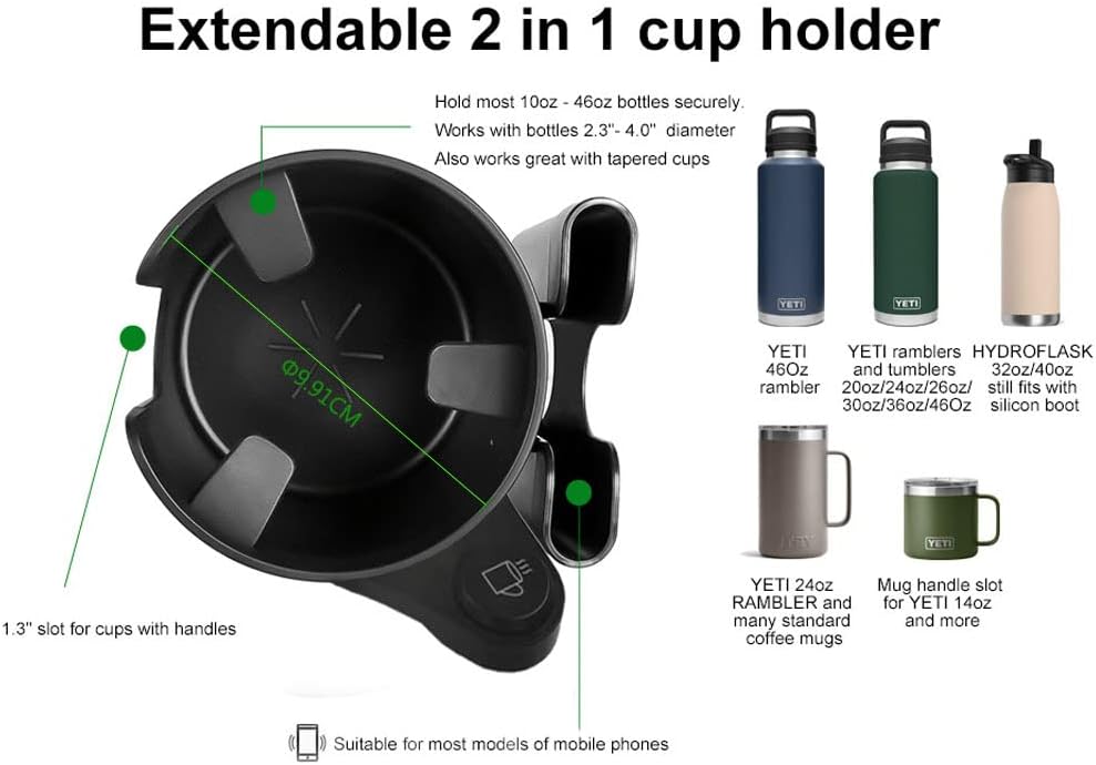 Cup Holder Expander, Adjustable Car Cup Holder for Car with Phone Holder, Automotive Cupholders for for Yeti, Hydro Flasks Bottle with Expandable Base, Cars Cupholder Insert