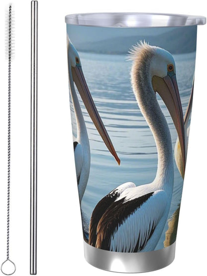 20 oz Tumbler Insulated Coffee Mug with Lid and Straw Three Pelicans Tumbler Double Wall Vacuum Insulated Tumblers Spill Proof Coffee Travel Mug Gifts for Men Women Birthday Christmas