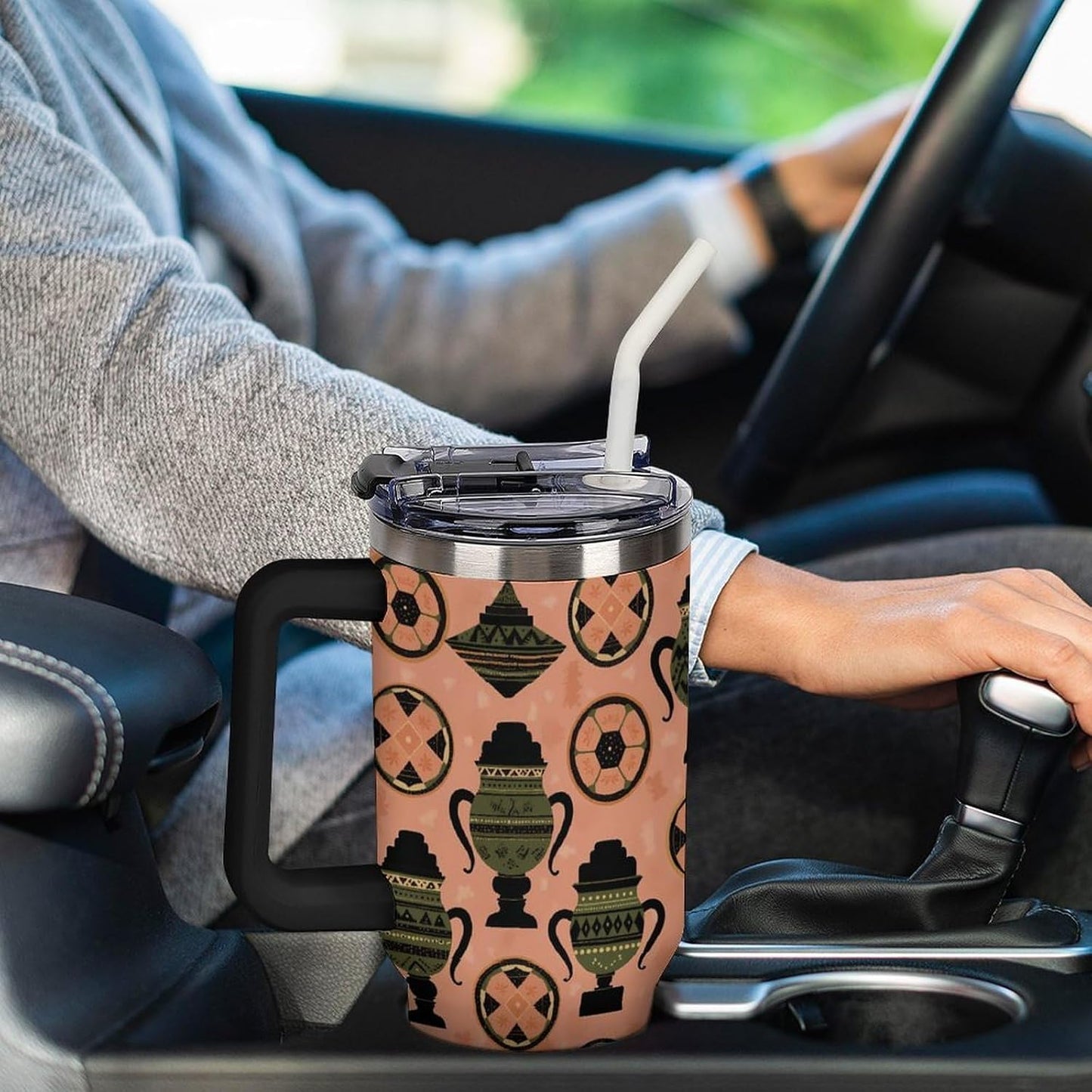 Leakproof Tumbler Vacuum Sealed Car Holder Friendly For Travel Simple Minimalist White Poppy Flower Pattern Coffee Mug Light Rose Red-style-27 - Colors A