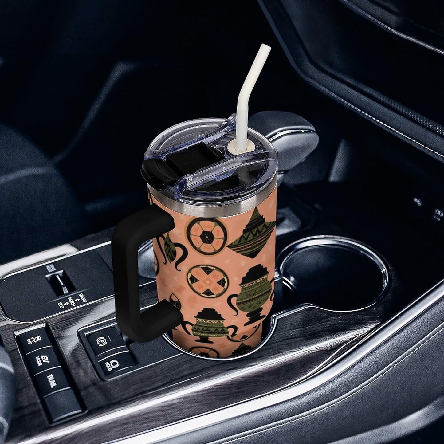 Leakproof Tumbler Vacuum Sealed Car Holder Friendly For Travel Simple Minimalist White Poppy Flower Pattern Coffee Mug Light Rose Red-style-27 - Colors A
