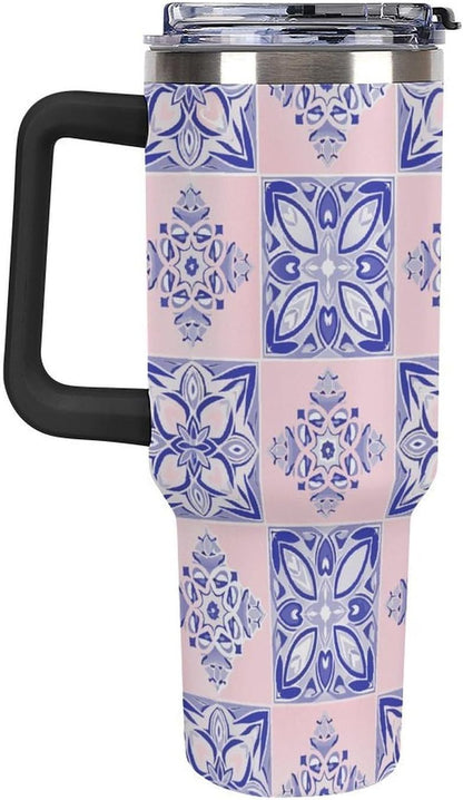 Leakproof Tumbler Vacuum Sealed Car Holder Friendly For Travel Simple Minimalist White Poppy Flower Pattern Coffee Mug Light Rose Red-style-27 - Colors A