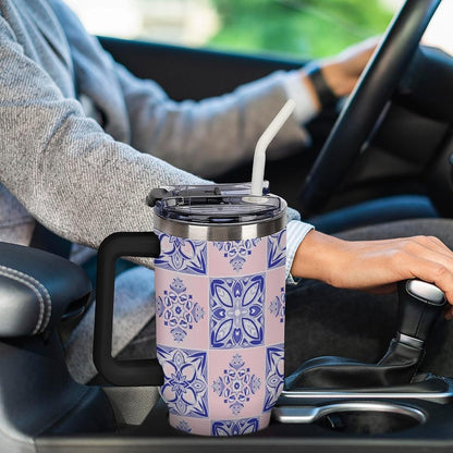 Leakproof Tumbler Vacuum Sealed Car Holder Friendly For Travel Simple Minimalist White Poppy Flower Pattern Coffee Mug Light Rose Red-style-27 - Colors A