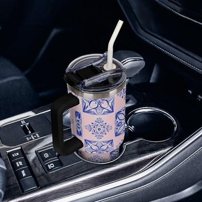 Leakproof Tumbler Vacuum Sealed Car Holder Friendly For Travel Simple Minimalist White Poppy Flower Pattern Coffee Mug Light Rose Red-style-27 - Colors A