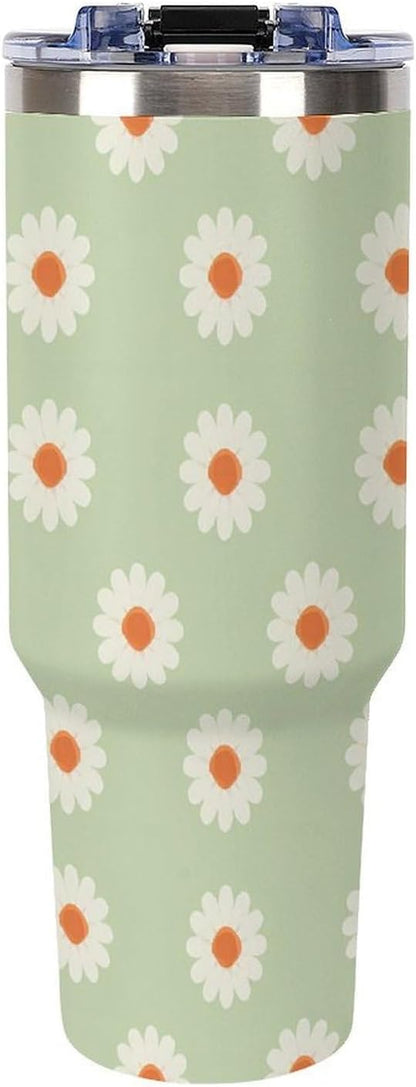 Leakproof Tumbler Vacuum Sealed Car Holder Friendly For Travel Simple Minimalist White Poppy Flower Pattern Coffee Mug Light Rose Red-style-27 - Colors A