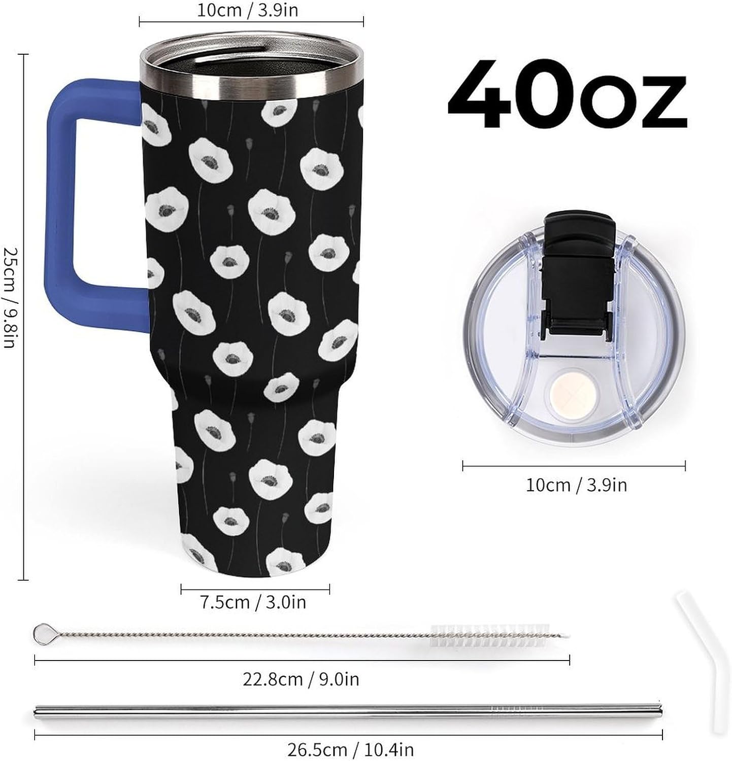 Leakproof Tumbler Vacuum Sealed Car Holder Friendly For Travel Simple Minimalist White Poppy Flower Pattern Coffee Mug Light Rose Red-style-27 - Colors A
