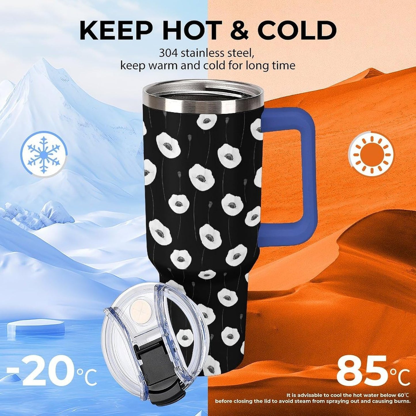 Leakproof Tumbler Vacuum Sealed Car Holder Friendly For Travel Simple Minimalist White Poppy Flower Pattern Coffee Mug Light Rose Red-style-27 - Colors A