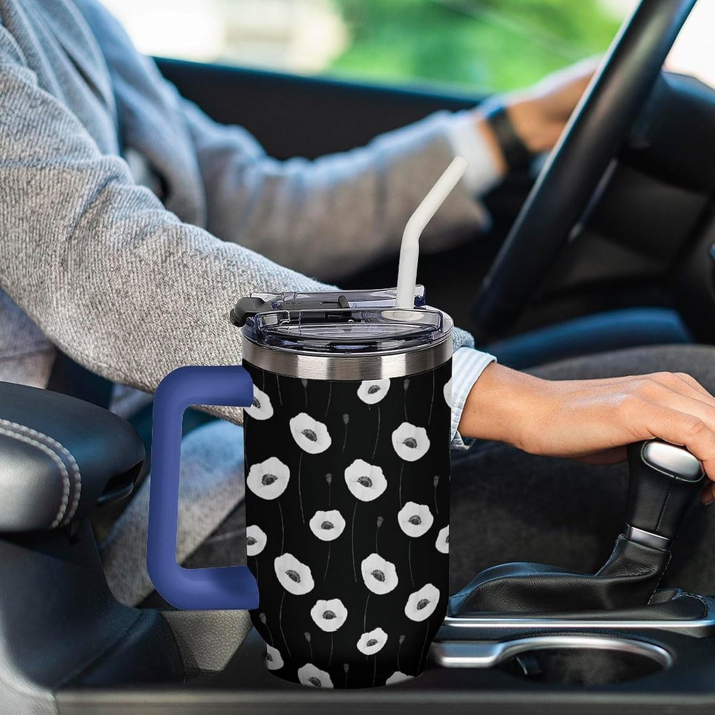 Leakproof Tumbler Vacuum Sealed Car Holder Friendly For Travel Simple Minimalist White Poppy Flower Pattern Coffee Mug Light Rose Red-style-27 - Colors A
