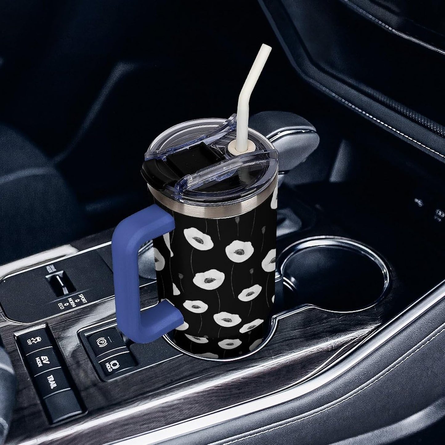 Leakproof Tumbler Vacuum Sealed Car Holder Friendly For Travel Simple Minimalist White Poppy Flower Pattern Coffee Mug Light Rose Red-style-27 - Colors A