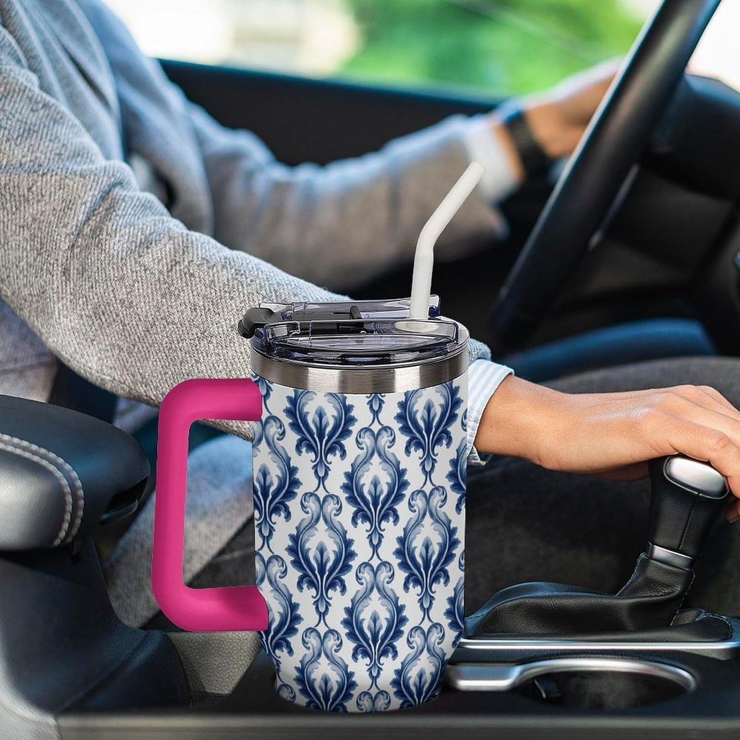 Leakproof Tumbler Vacuum Sealed Car Holder Friendly For Travel Simple Minimalist White Poppy Flower Pattern Coffee Mug Light Rose Red-style-27 - Colors A