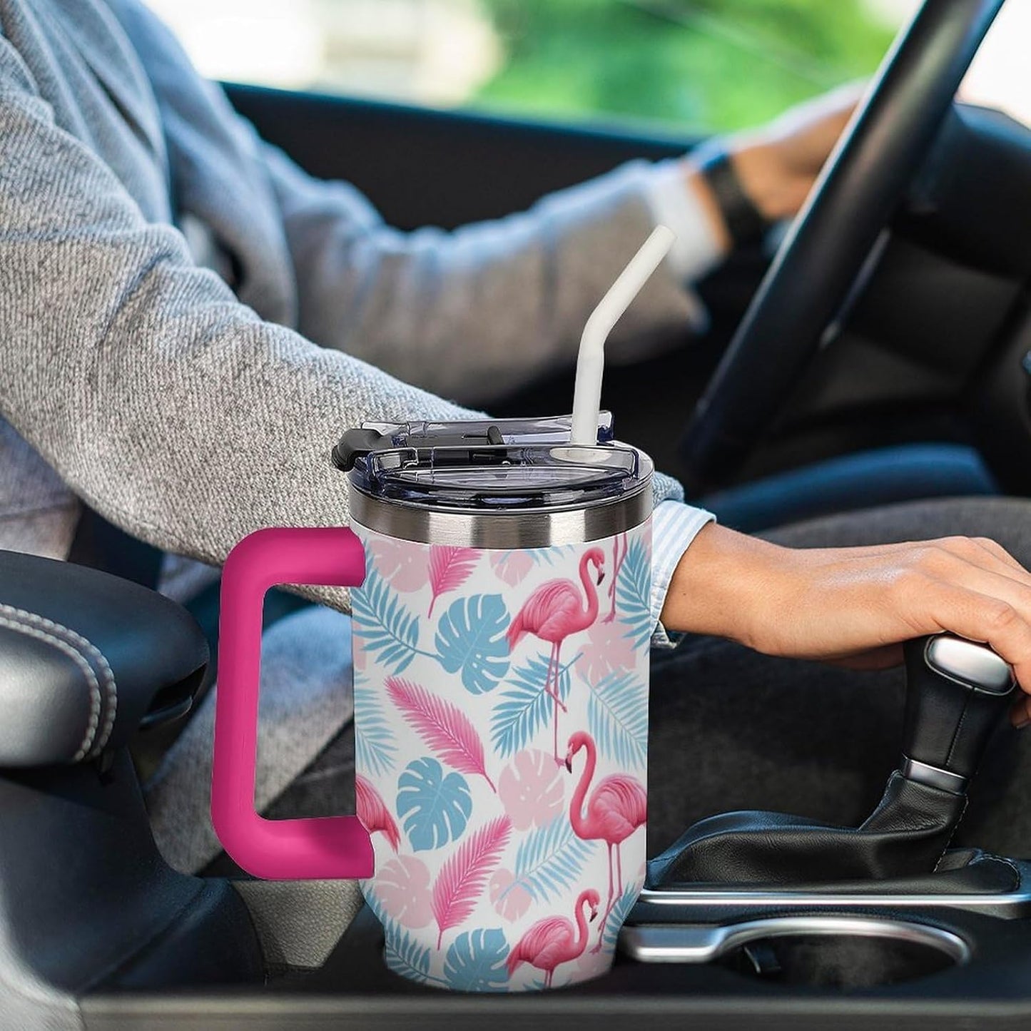 Leakproof Tumbler Vacuum Sealed Car Holder Friendly For Travel Simple Minimalist White Poppy Flower Pattern Coffee Mug Light Rose Red-style-27 - Colors A