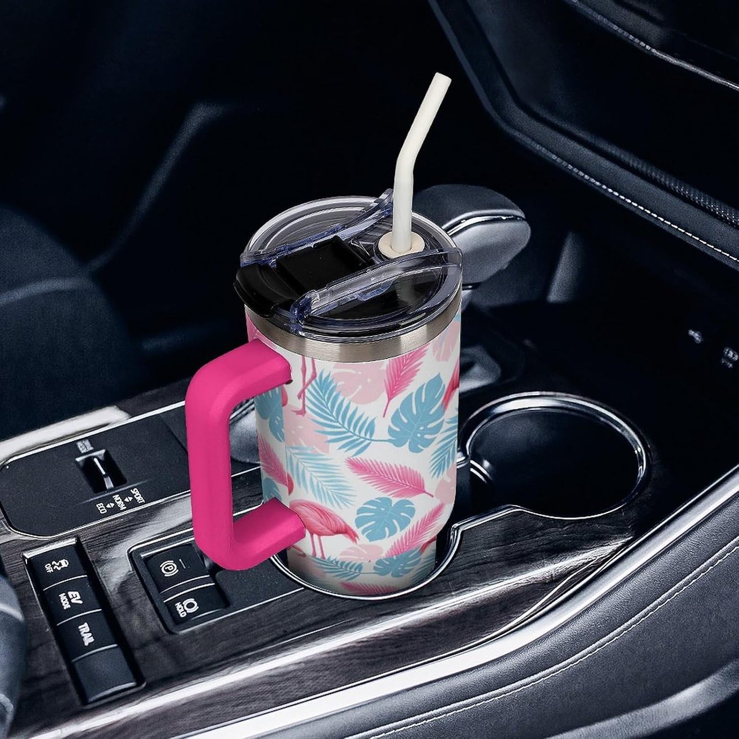 Leakproof Tumbler Vacuum Sealed Car Holder Friendly For Travel Simple Minimalist White Poppy Flower Pattern Coffee Mug Light Rose Red-style-27 - Colors A