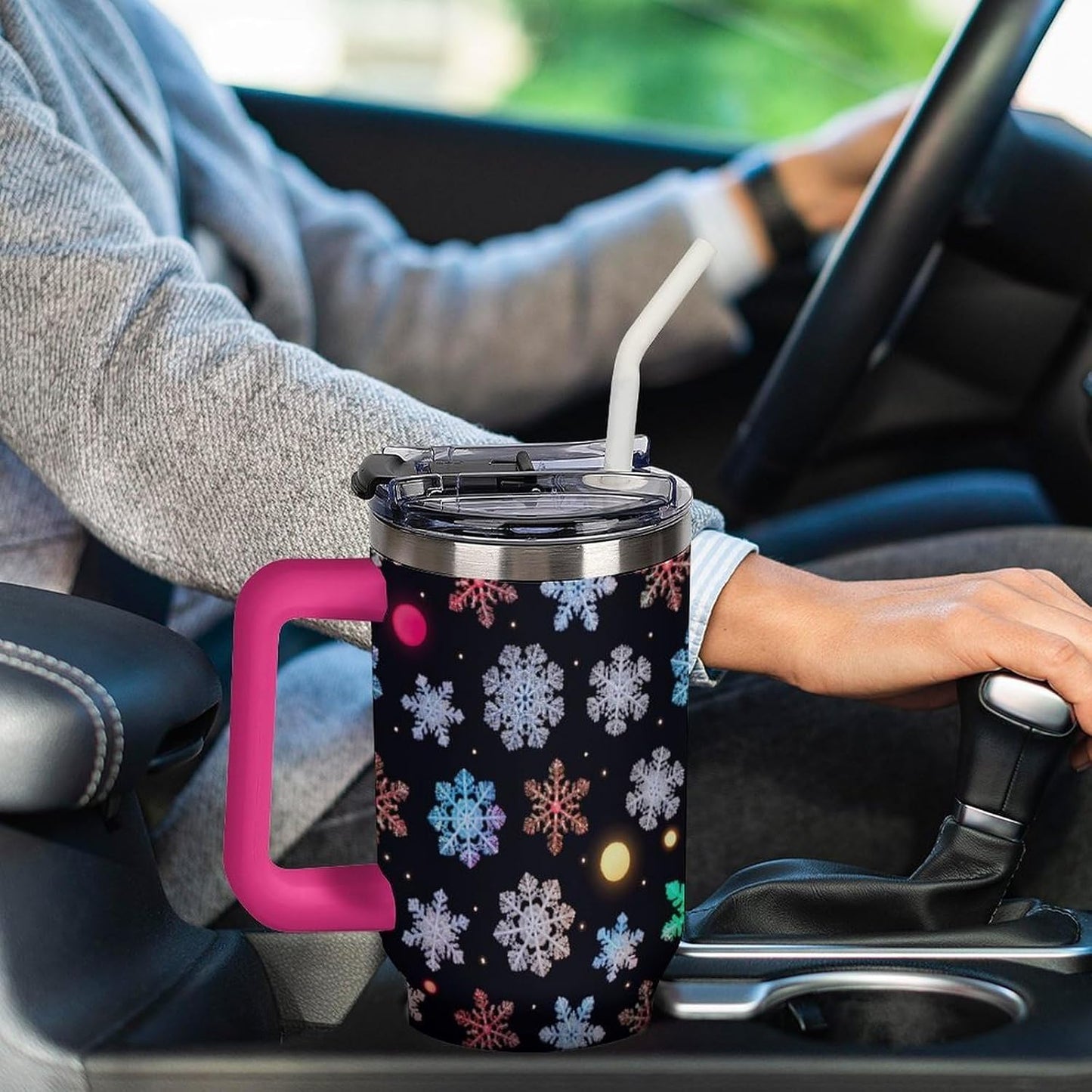 Leakproof Tumbler Vacuum Sealed Car Holder Friendly For Travel Simple Minimalist White Poppy Flower Pattern Coffee Mug Light Rose Red-style-27 - Colors A