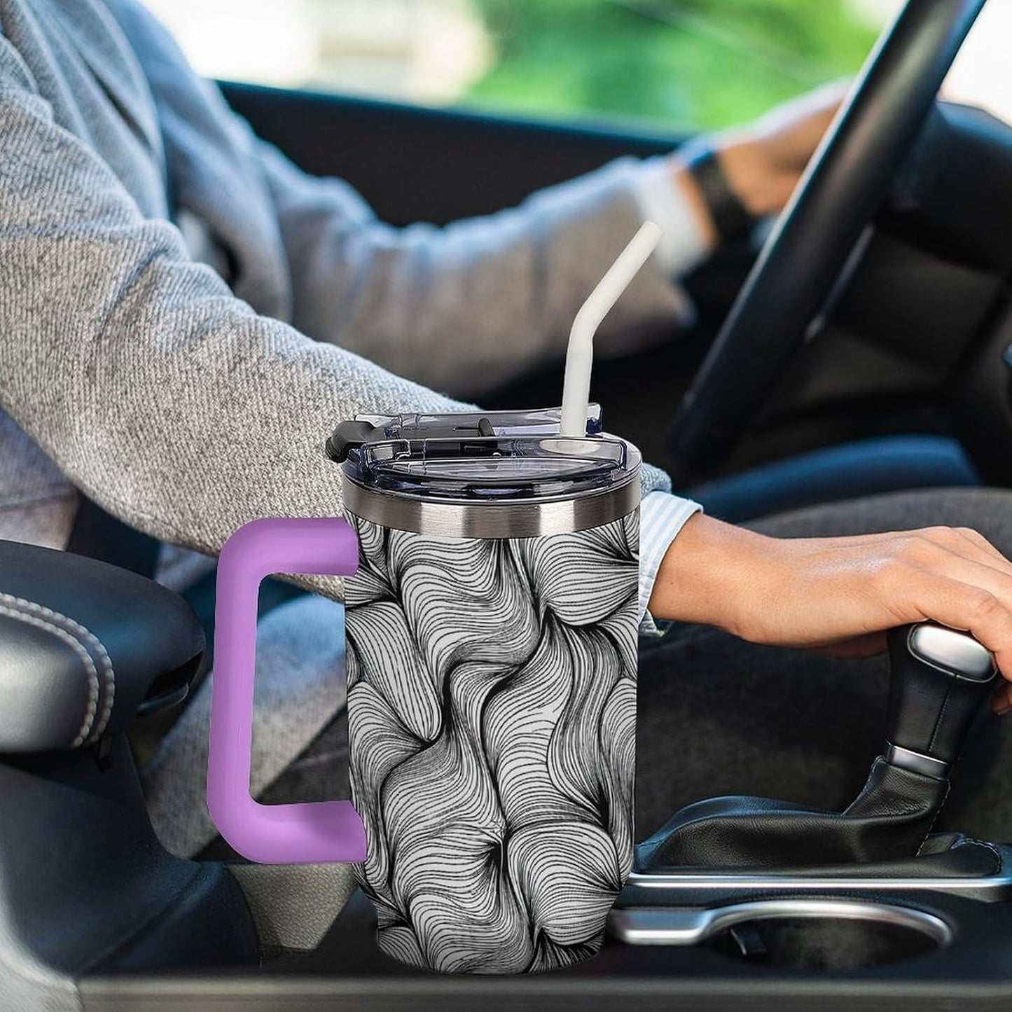 Leakproof Tumbler Vacuum Sealed Car Holder Friendly For Travel Simple Minimalist White Poppy Flower Pattern Coffee Mug Light Rose Red-style-27 - Colors A