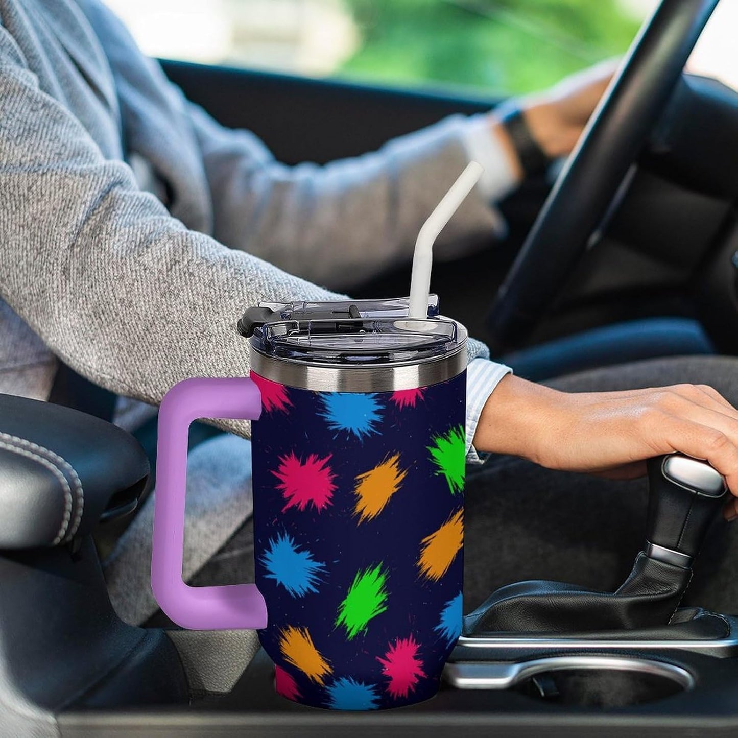 Leakproof Tumbler Vacuum Sealed Car Holder Friendly For Travel Simple Minimalist White Poppy Flower Pattern Coffee Mug Light Rose Red-style-27 - Colors A