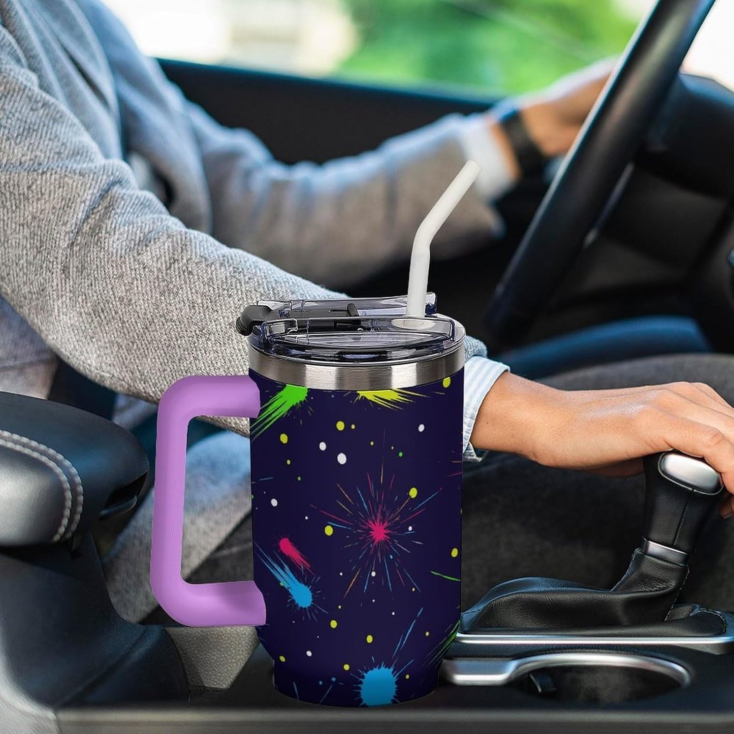 Leakproof Tumbler Vacuum Sealed Car Holder Friendly For Travel Simple Minimalist White Poppy Flower Pattern Coffee Mug Light Rose Red-style-27 - Colors A