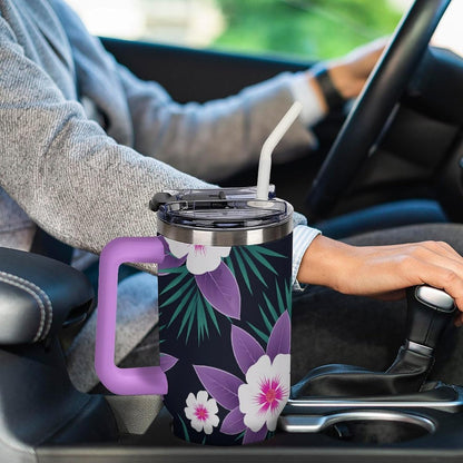 Leakproof Tumbler Vacuum Sealed Car Holder Friendly For Travel Simple Minimalist White Poppy Flower Pattern Coffee Mug Light Rose Red-style-27 - Colors A