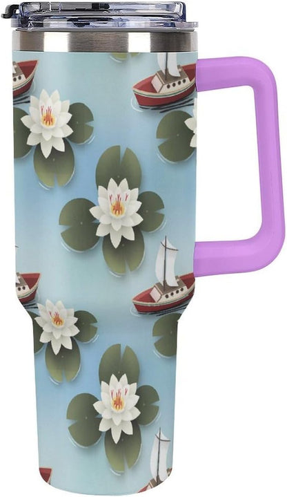 Leakproof Tumbler Vacuum Sealed Car Holder Friendly For Travel Simple Minimalist White Poppy Flower Pattern Coffee Mug Light Rose Red-style-27 - Colors A